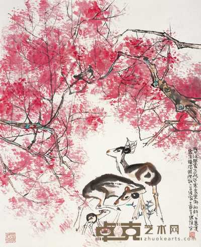 韩伍 乙酉(2005年)作 桃花小鹿 立轴 69.8×57cm
